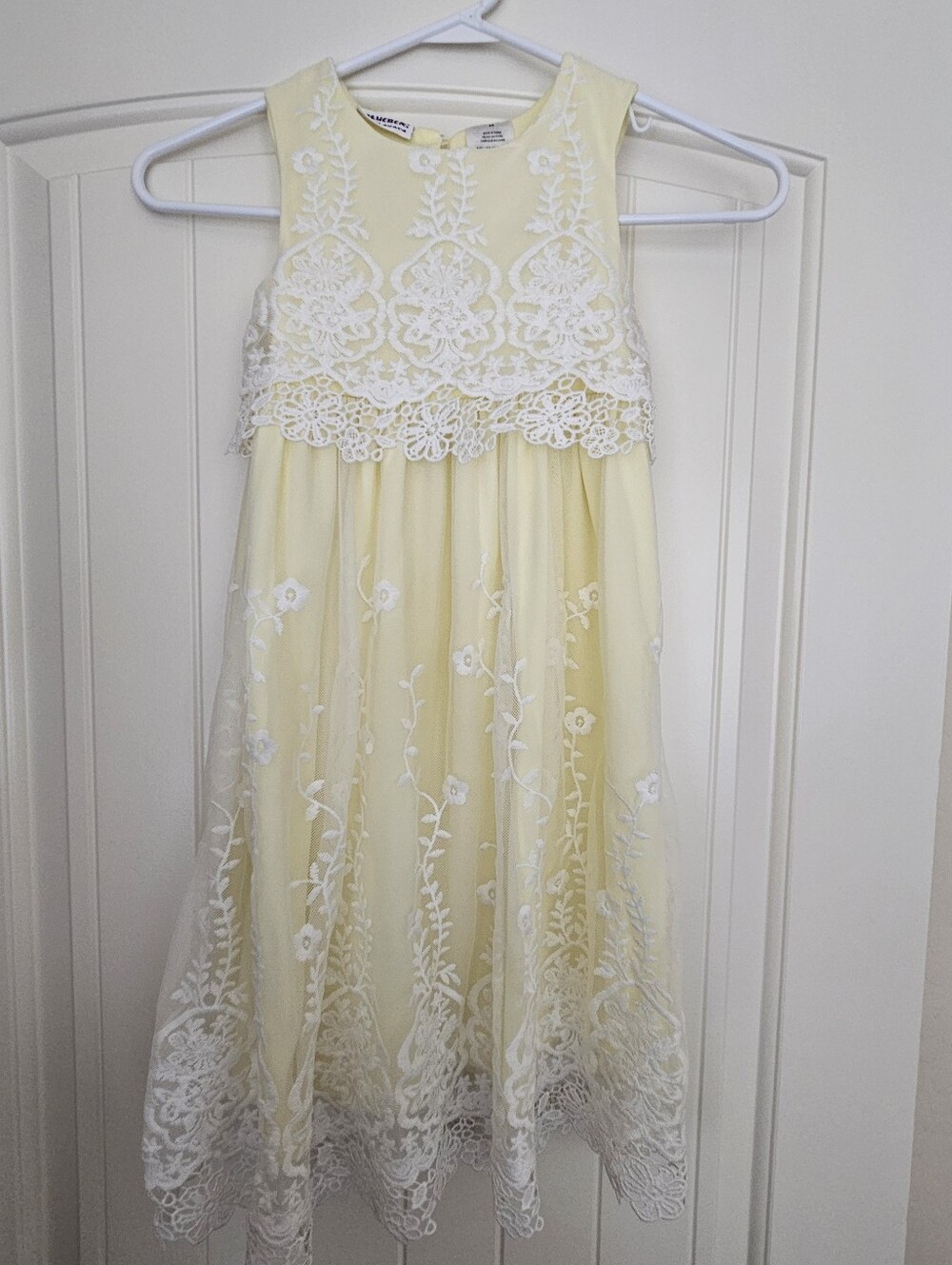 Girls Pale Yellow Floral Lace Overlay Easter Wedding Dress Size 6X
